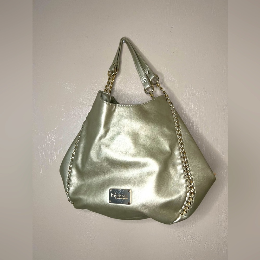 BEBE Colette Triple Entry Gold Metallic Chain Purse Shoulder Bag Tote - $89